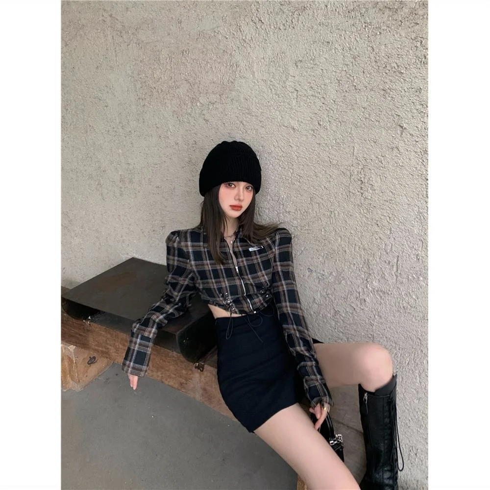 2023 Design Sense Minority Girls Short Polo Collar Plaid Long Sleeve Top Girdle T-shirt Camisetas Tops Women T-shirts Clothing