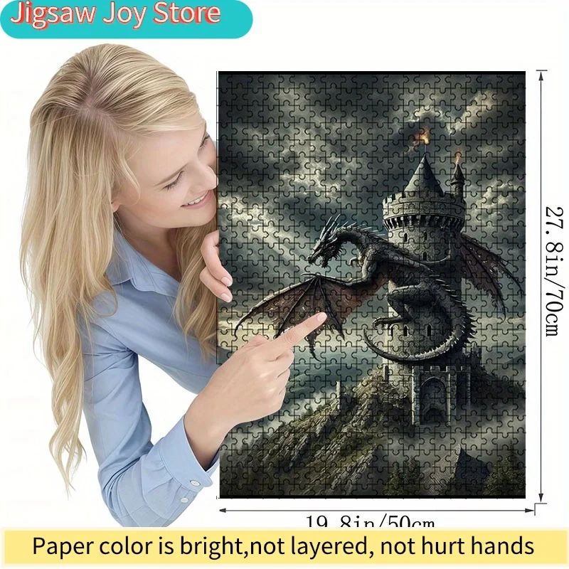 A  Jigsaw Puzzle Featuring a Dragon Castle with a Medieval Theme, Including a Dragon And Tower. This Large, Detailed Puzzle Is