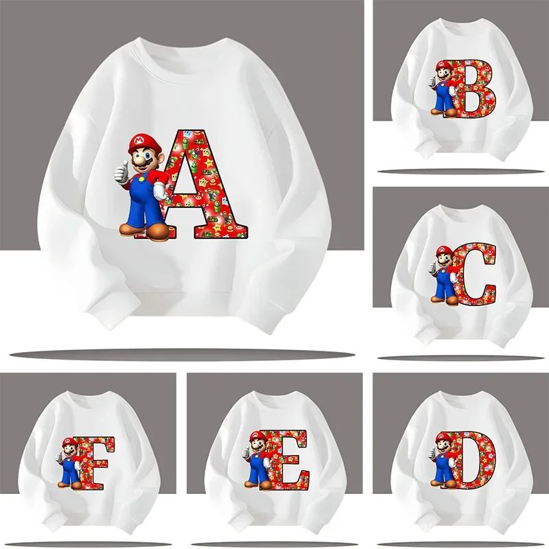 

New Mario boy's sports shirt with cartoon print, girls' casual top Letter A-Z children's round-neck pullover shirts for kids
