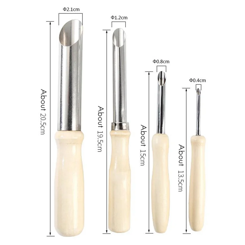 4PCS  Tools Stainless Steel Punch Pot Hole Drilling Round Practical Wooden Handle Manual Set White&Silver
