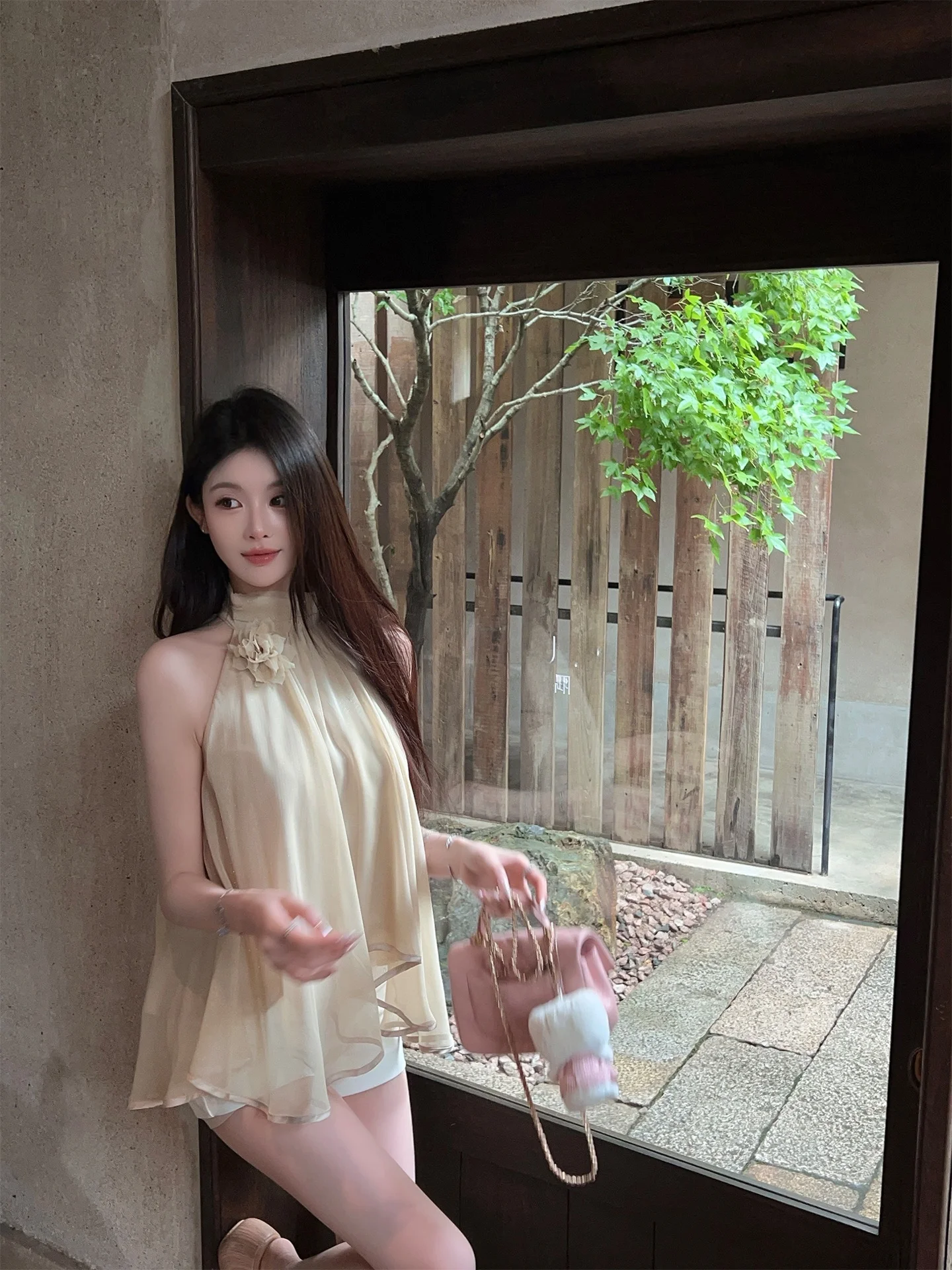 

FairyJiang Summer Champagne Color Hanging Neck Shrug A-Line Top Women Sleeveless Loose Thin Shirt Lightweight Chiffon Blouse