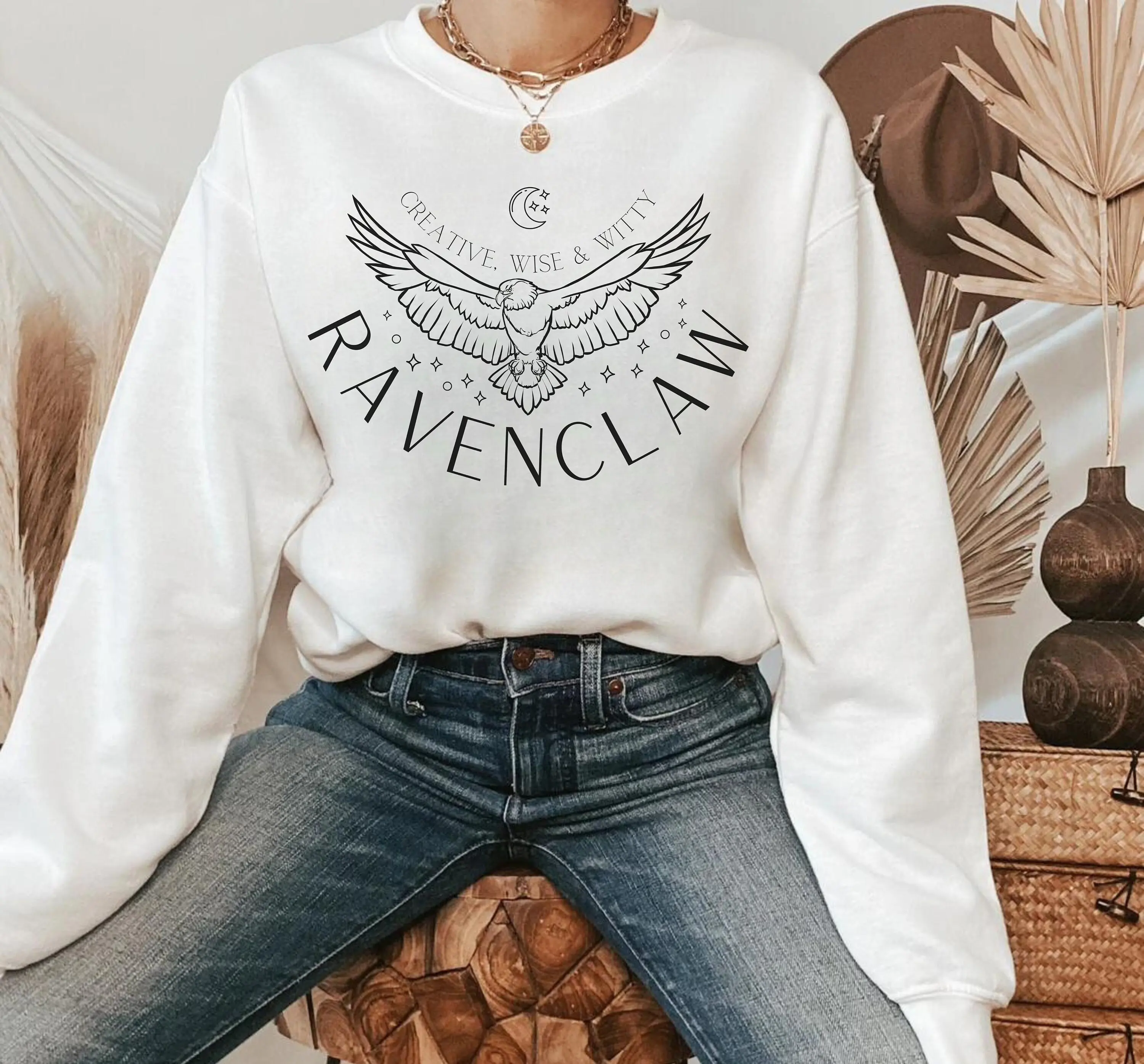 Vintage Magic Tercel Moon Star Print Women Sweatshirt  Creative Wise and Witty Pavenclaw Slogan Retro Casual Female Sweater