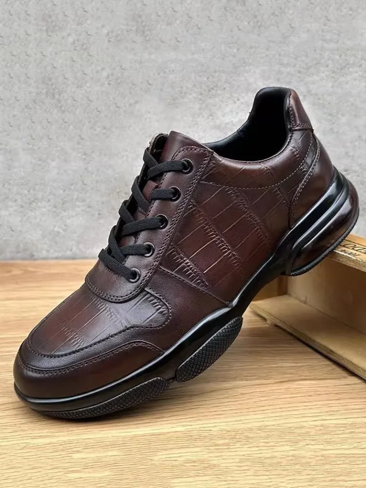 New Mens Cowskin Genuine Leather Sneakers Soft Cushioning Thick Bottom Lace Up Running Trainers Breathable Jogging Sport Shoes