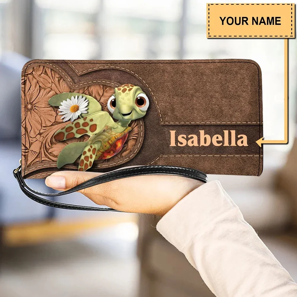 Funny Hawaiian Cartoon Sea Turtle Print Wristlet Wallets Woman Long Leather Coin Pouch Fashion Zipper Clutch Purses Custom Name