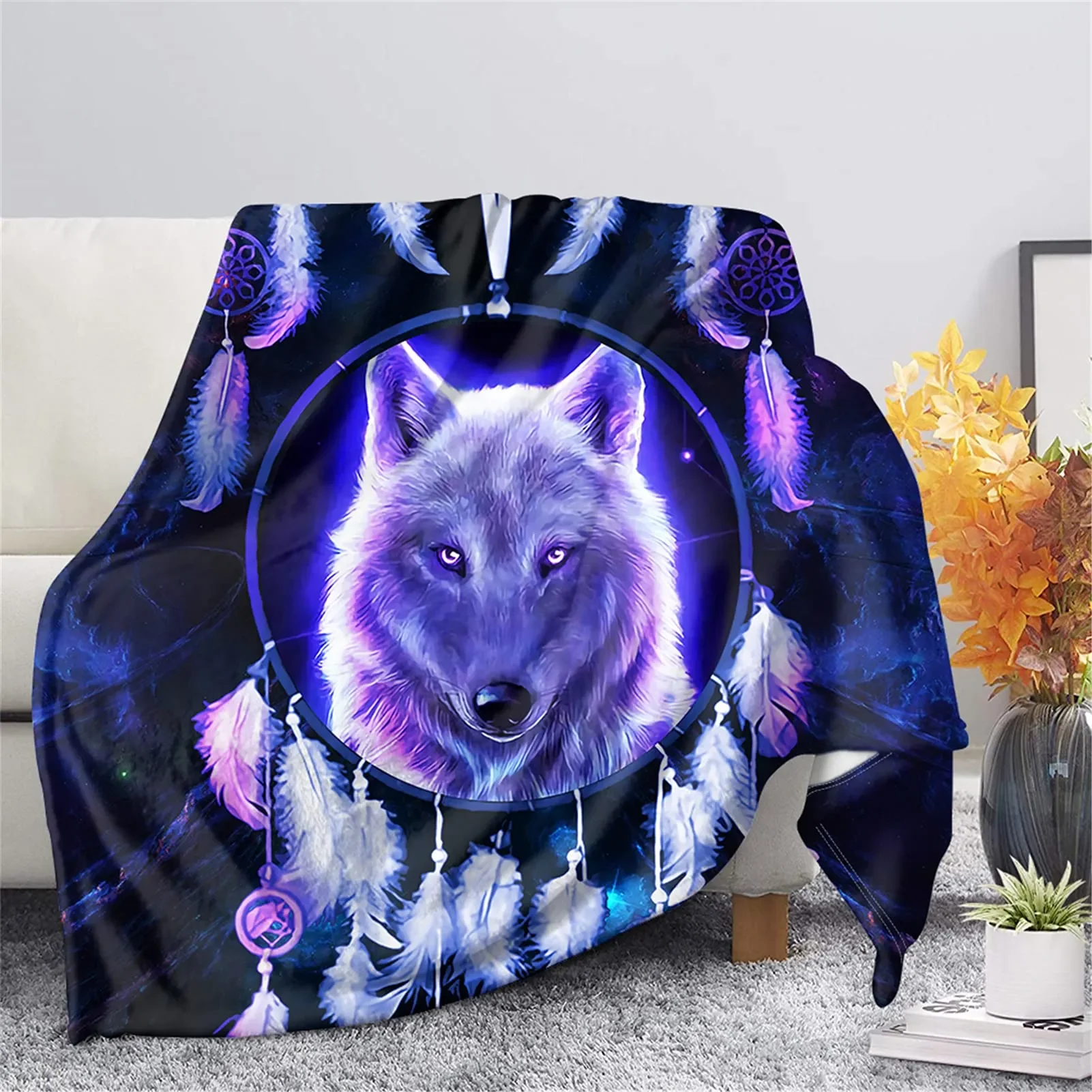 Blue Wolf Fleece Throw Blanket Winter Wolves Animal Comfy Blanket Lightweight Soft Thick Warm Blanket for Bed Couch Twin Queen