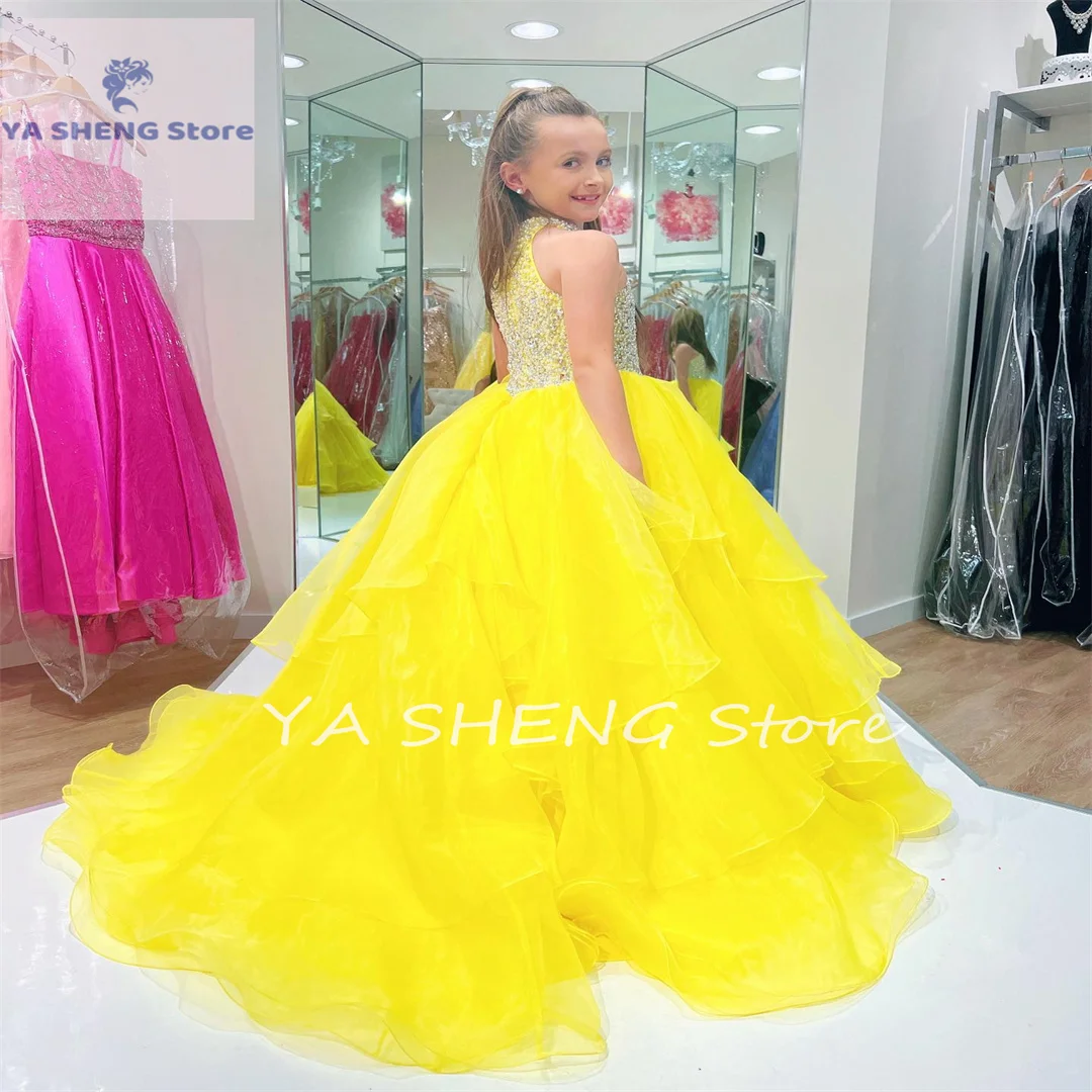 

Ballgown Crystals Beaded Organza Kids Birthday Formal Party Gown Toddler Teens Preteen Little Miss Handkerchief Ruffle Skirt