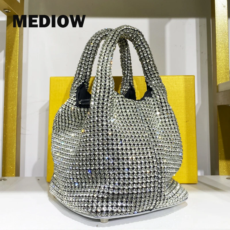 

MEDIOW Shiny Mini Evening Bags For Women Luxury Designer Handbags And Bucket Bag 2023 New In Imitation Diamond Chain Crossbody