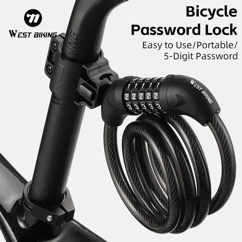 

WEST BIKING Portable Cable Lock For Road Bike 5 Digits Code Combination Wire Lock MTB E-bike Anti-Theft Cycling Password Lock