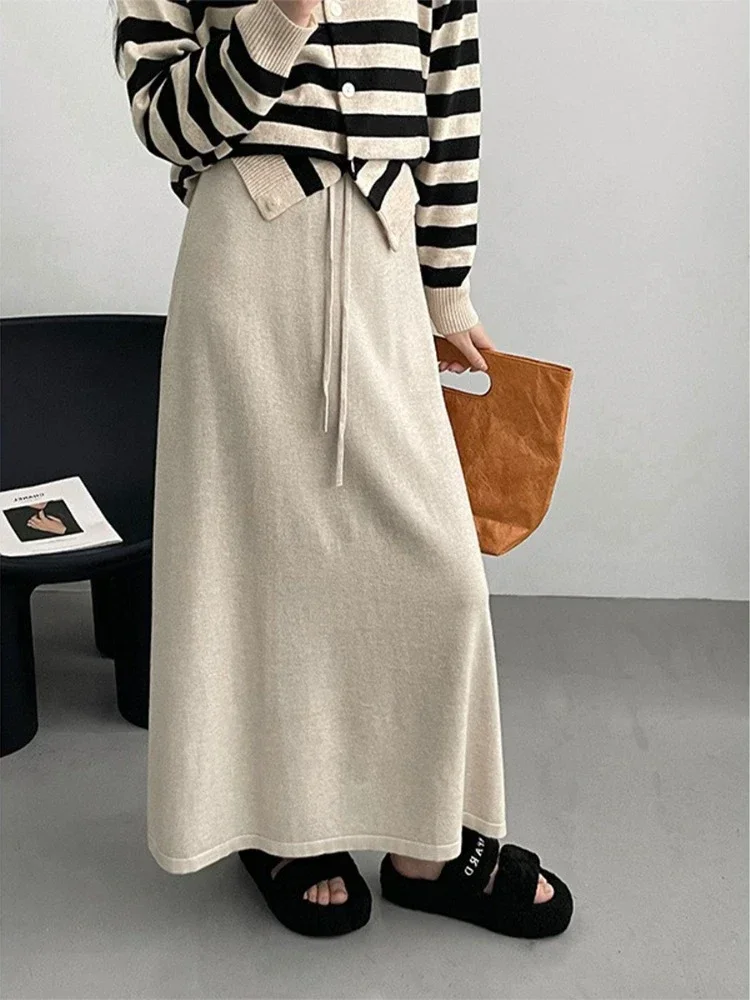 Vintage Drawstring Knitted Skirts for Woman Autumn New Korean Fashion Long Skirts for Women Loose High Waist A-line Black Skirts