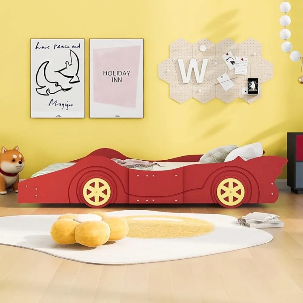 Bases de cama para niños, plataforma en forma de coche de carreras con ruedas, madera maciza con listón de madera resistente, Bases de cama para niños