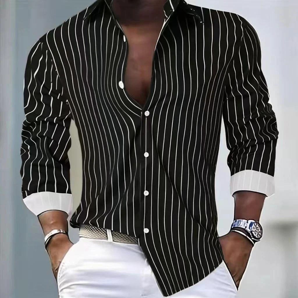

Striped new men's long sleeved shirt, casual and comfortable, fashionable and trendy, street outdoor, soft fabric