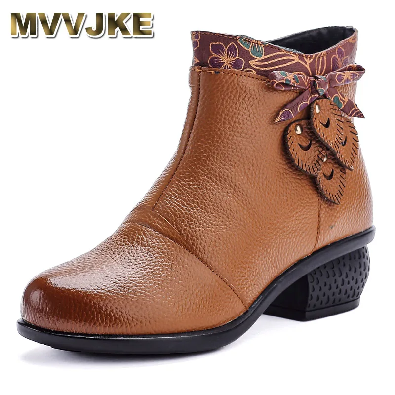 

Autumn Winter Genuine Leather Women's Short Boots Mother Shoes Ankle Boots Soft Sole Vintage Thick Heels Booties