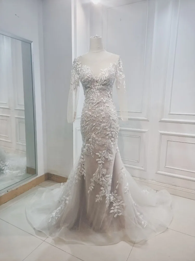 JIERUIZE-vestidos de novia de sirena con apliques de encaje, vestidos de novia de manga larga con botones redondos en la espalda, tren de barrido