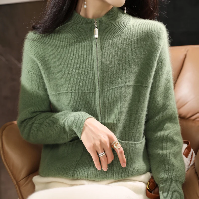 Autumn and Winter New Half High Collar Cashmere Knitted Cardigan Women\'s 100% Wool Sweater Loose Korean Version Thickened Top