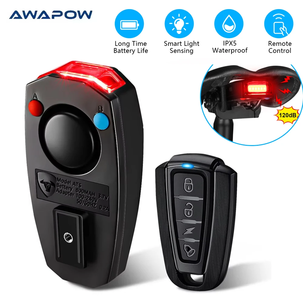

Awapow USB перезаряжаемый велосипедный задний фонарь, сигнализация, противоугонная сигнализация 120 дБ, автоматический датчик тормоза, велосипедная лампа, водонепроницаемый звуковой сигнал для езды на велосипеде, безопасный