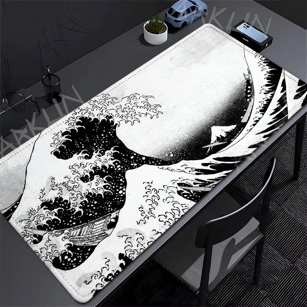 Black White Japanese Ukiyo‑e Wave Mouse Pad, Vintage Ocean Sea Wave Mount Fuji Pattern Desk Mat, Non‑Slip Rubber Gaming Mousepad