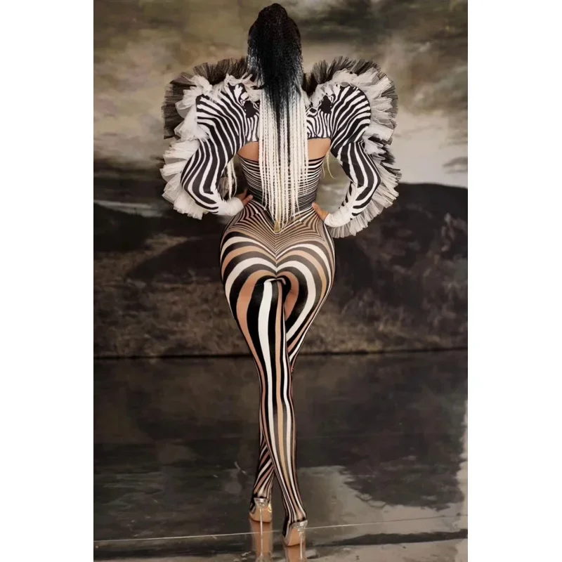 New Fashion Zebra Pattern Jumpsuit Women Singer Sexy Stage Outfit Bar DS Dance Cosplay Bodysuit Performance Show Costume E