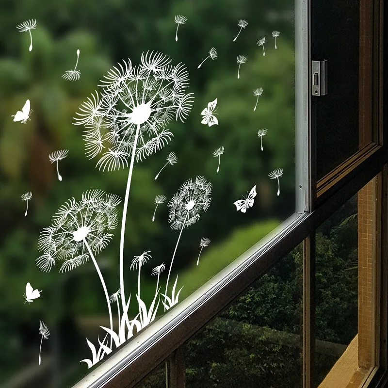White Dandelion Butterfly Static Sticker Cling Window and Wall Decal – Double-Sided Viewable Decoration