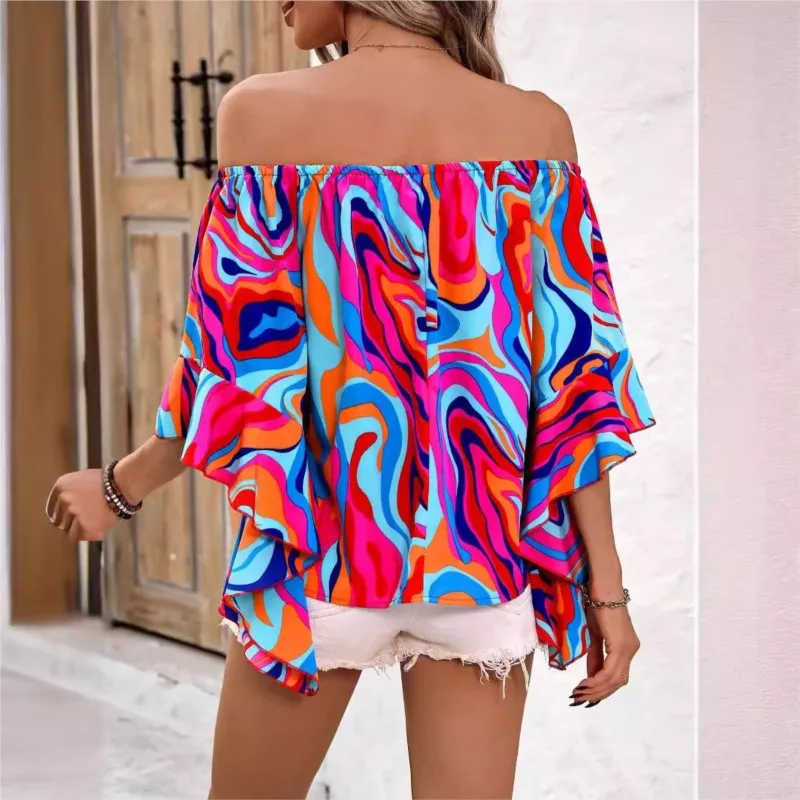 Summer New Shirts For Women Casual Off Shoulder Sexy Elegant Blouses Streetwear Fashion New Floral Print One Line Neck Lady Tops