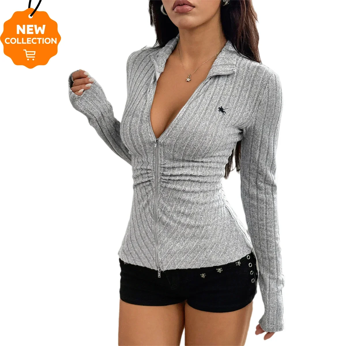 2025 Autumn Winter Polo Shirts Women Embroidered Pattern Casual Vacation Style Slim Fit Knitted Zip Long Sleeve Polo T-shirt