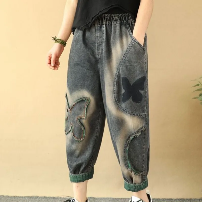 2024 Summer New Retro Ethnic Style Printed Distressed Tassel Women\'s Loose Large Size Pockets Spliced Curled Harlan Denim Pants