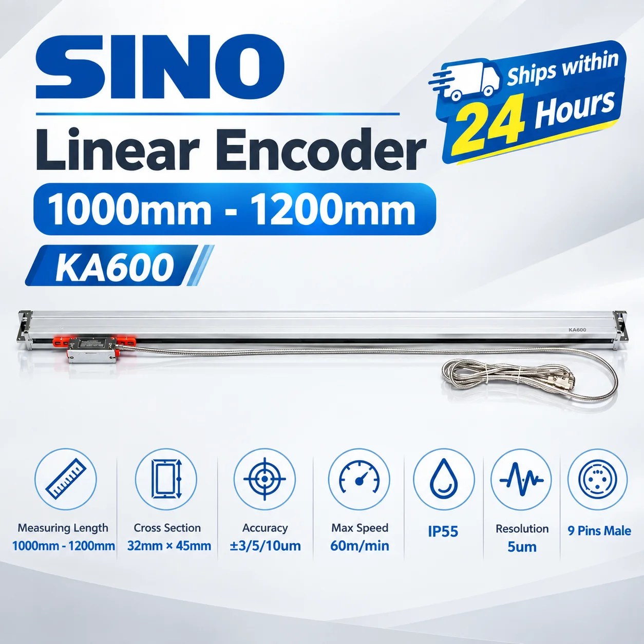 SINO KA-600 1000 1100 1200mm 5um 1um TTL RS422 Linear Encoder KA600 0.005mm 0.001mm Optical Grating Scale Milling Lathe Machine