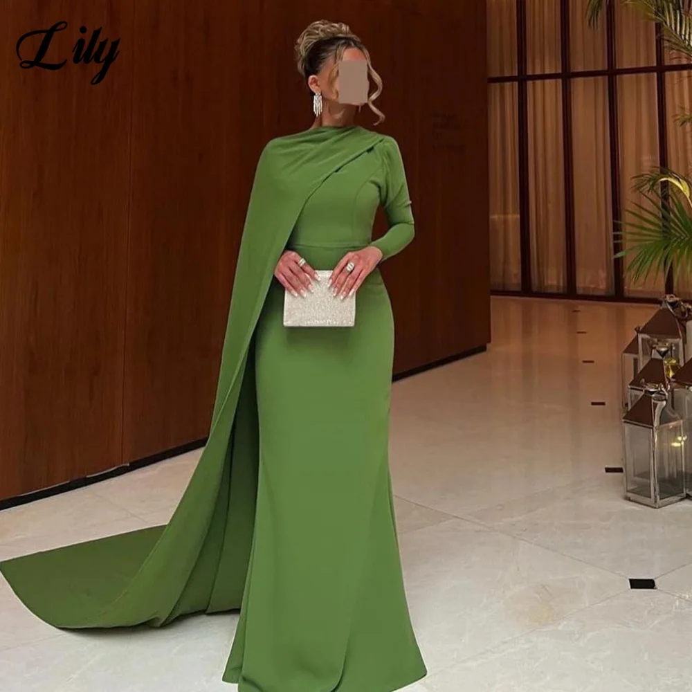 

Lily Simple Green Prom Dress Regular Long Sleeves Satin Formal Dress with Pleats Embellishments Trumpet Party Dress Customized