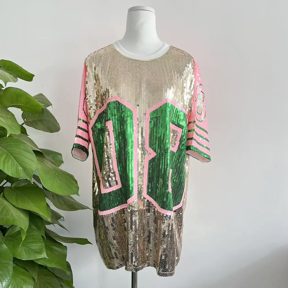 Greek Fashion sexy  Women Shirt number 8 printed ladies Summer sequin shining hip hop Sorority  number 08 jerseys T-shirts