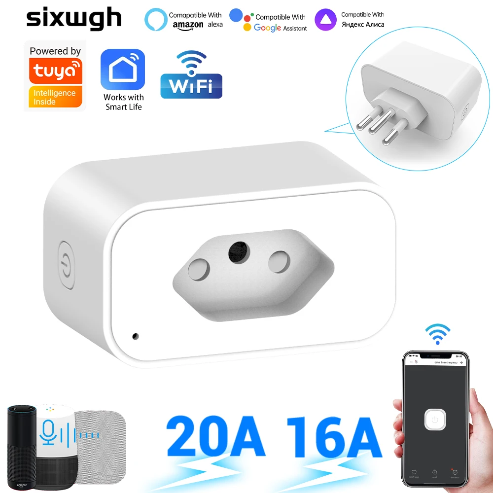 

Sixwgh Brazil Standard Smart Socket 16A 240V Tuya WiFi Remote Control Supports Alexa/Google Home with Overload Protection