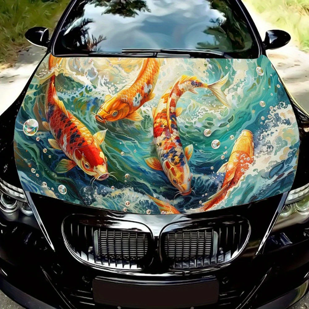 

Koi & Wave Art Car Vinyl Wrap, PVC Waterproof Car Hood Sticker, Self-Adhesive Scratch-Resistant Stickers for Engine Cover, Custo