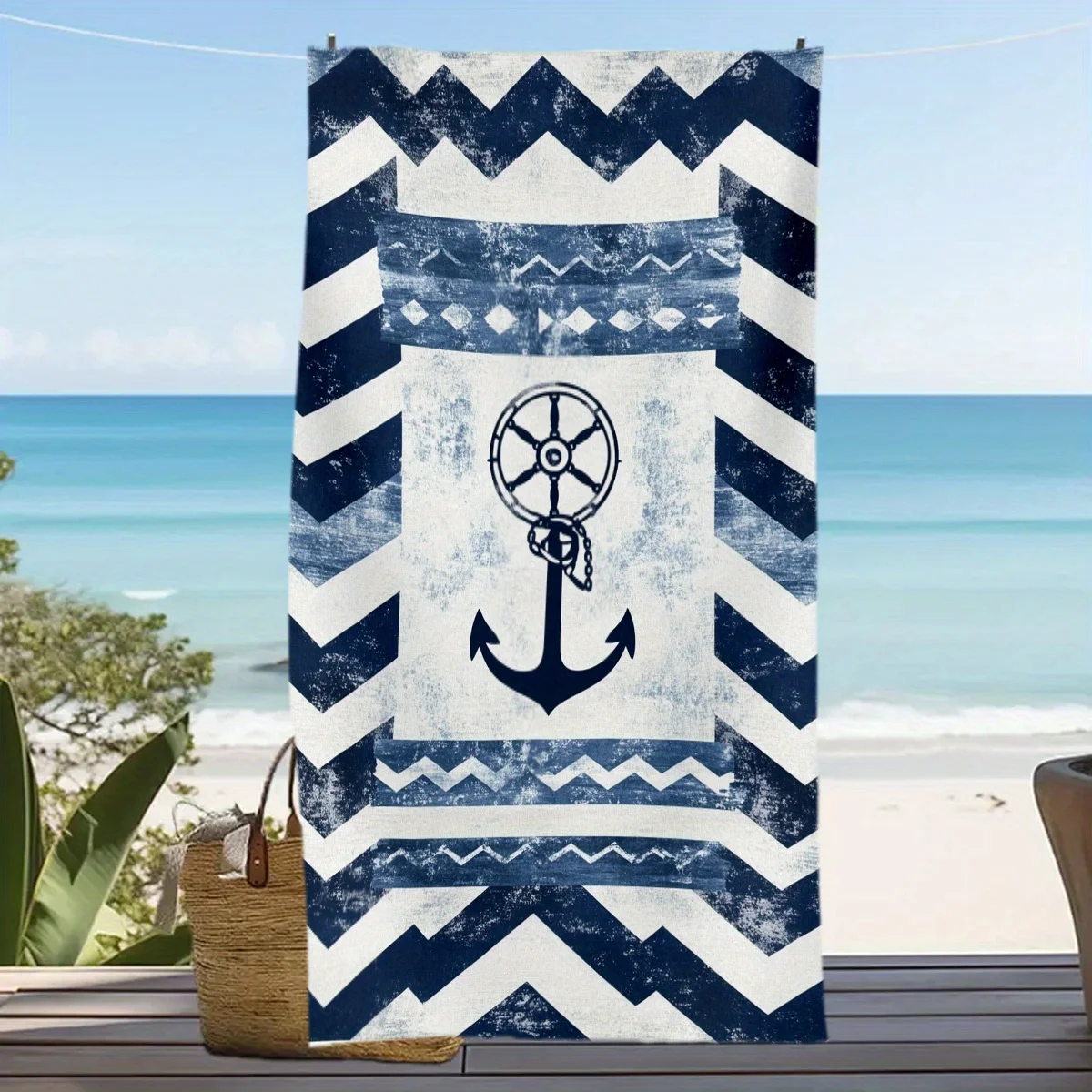 

1pc Nautical Anchor Print Beach Towel - Polyester, Machine Washable, Super Absorbent, Perfect for Pool Sofas