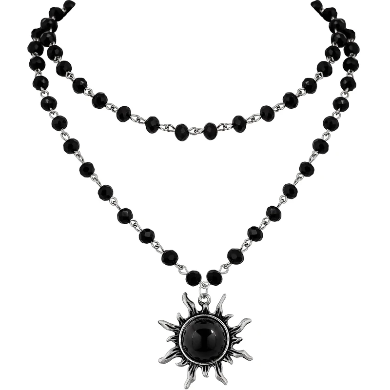Gothic Emo Grunge Sonne schwarze Perlen Halsband Halskette für Frauen Mama Teenager Mädchen Schmuck Halloween Weihnachten Schmuck Geschenke für Sie
