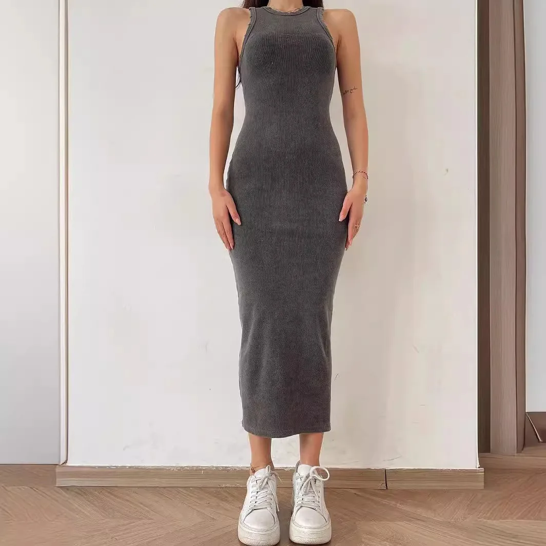 Summer Dresses 2025 Fashion Ribbed Dress Spring New Product Silm Hip-covering Sleeveless Waist-cinching One-step Dresses