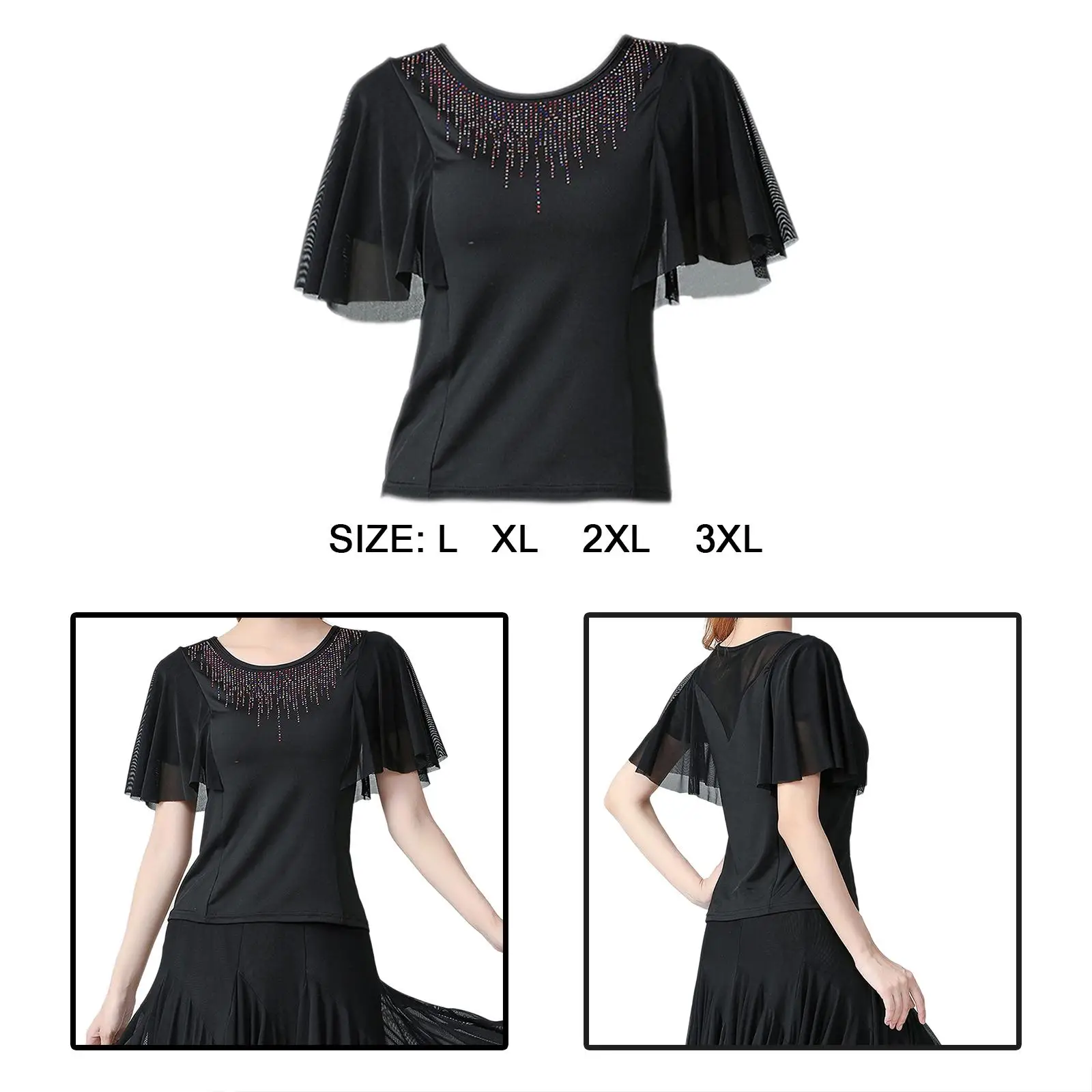 Elegant Ladies Ballroom Dance Tops Trumpet Sleeves Colorful Rhinestone Neckline