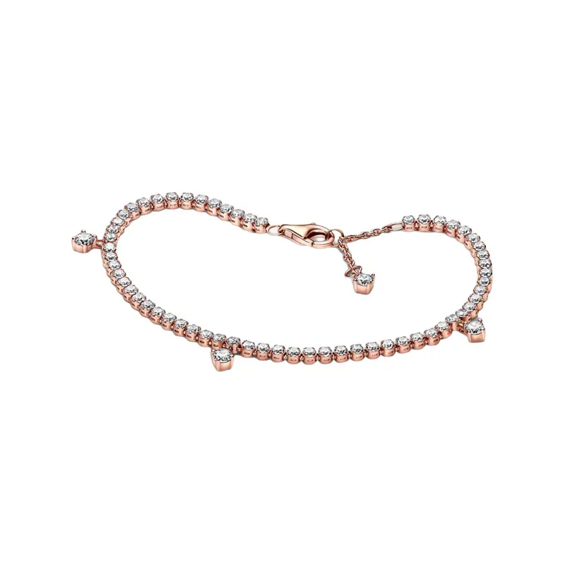 

14K Rose Gold Drops Tennis Strand Bracelets For Women Jewelry Prong Setting Round Clear Zircon Stones Lobster Clasp 3 Jump Rings