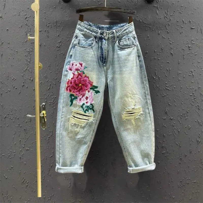 

5XL Large SIze Embroidery Jeans New Spring Autumn Women Denim Trousers High Waist Harem Jeans Casual Cowboy Ankle-Length Pants