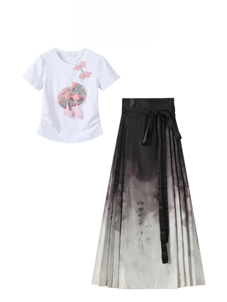 

New Chinese Style Set Daily Black Embroidery Pendant Top Thousand Character Classic Watercolor High Waist Skirt