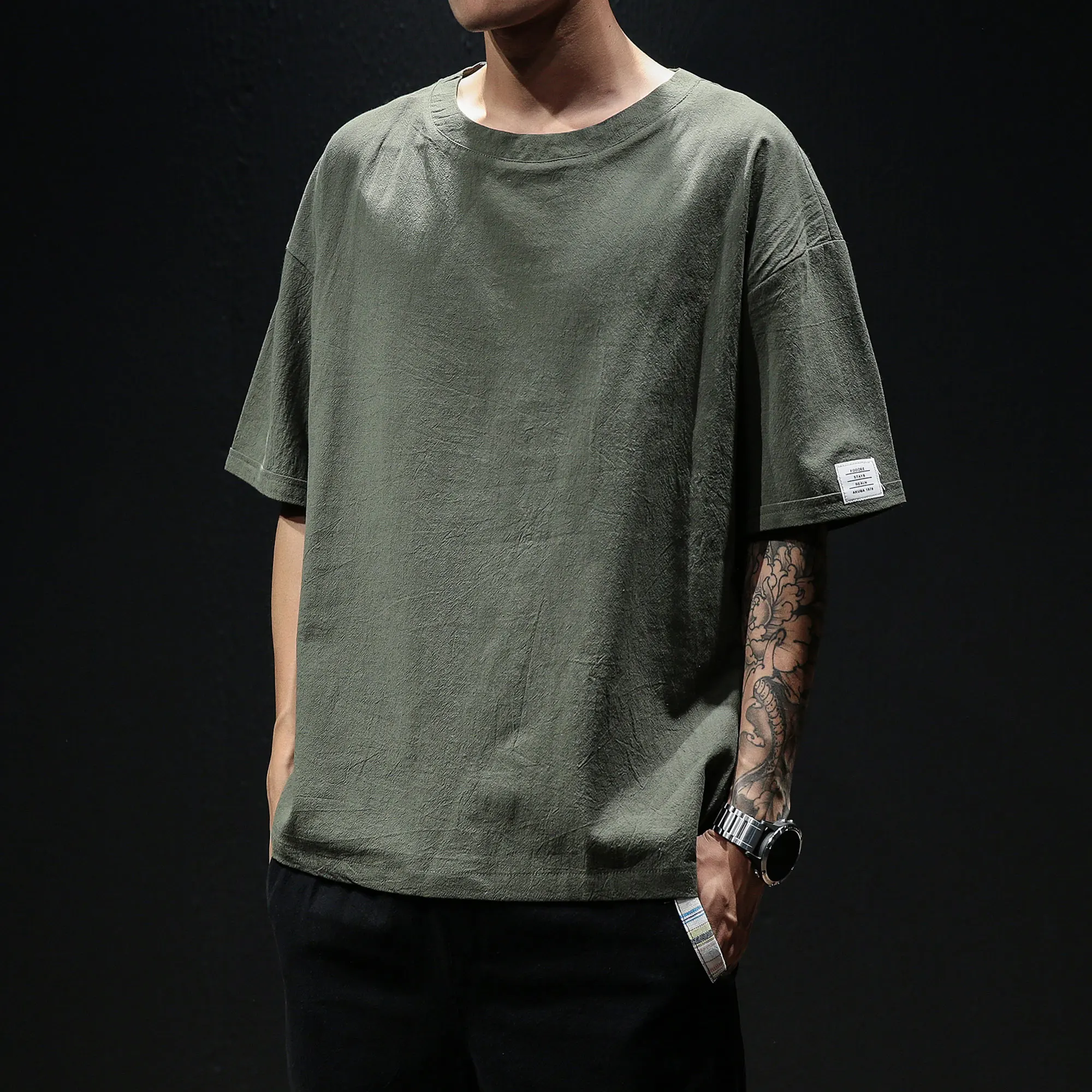 Trendy Mens Tshirt Summer Short Sleeve Round Neck Loose Fit Cotton Linen Top Casual Clothing