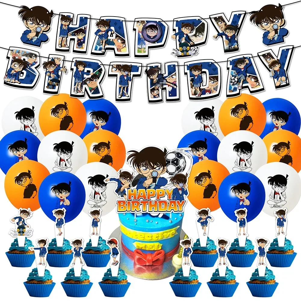 

Detective Conan Birthday Party set dinnerware Banner Cake Disposable Hanging Flag Detective Conan Balloons Birthday Decoration