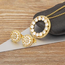 Nidin Light Luxury Gold Color Zircon Round Necklace Earrings Jewelry Set For Women Anniversary Wedding New Year Gifts Wholesale