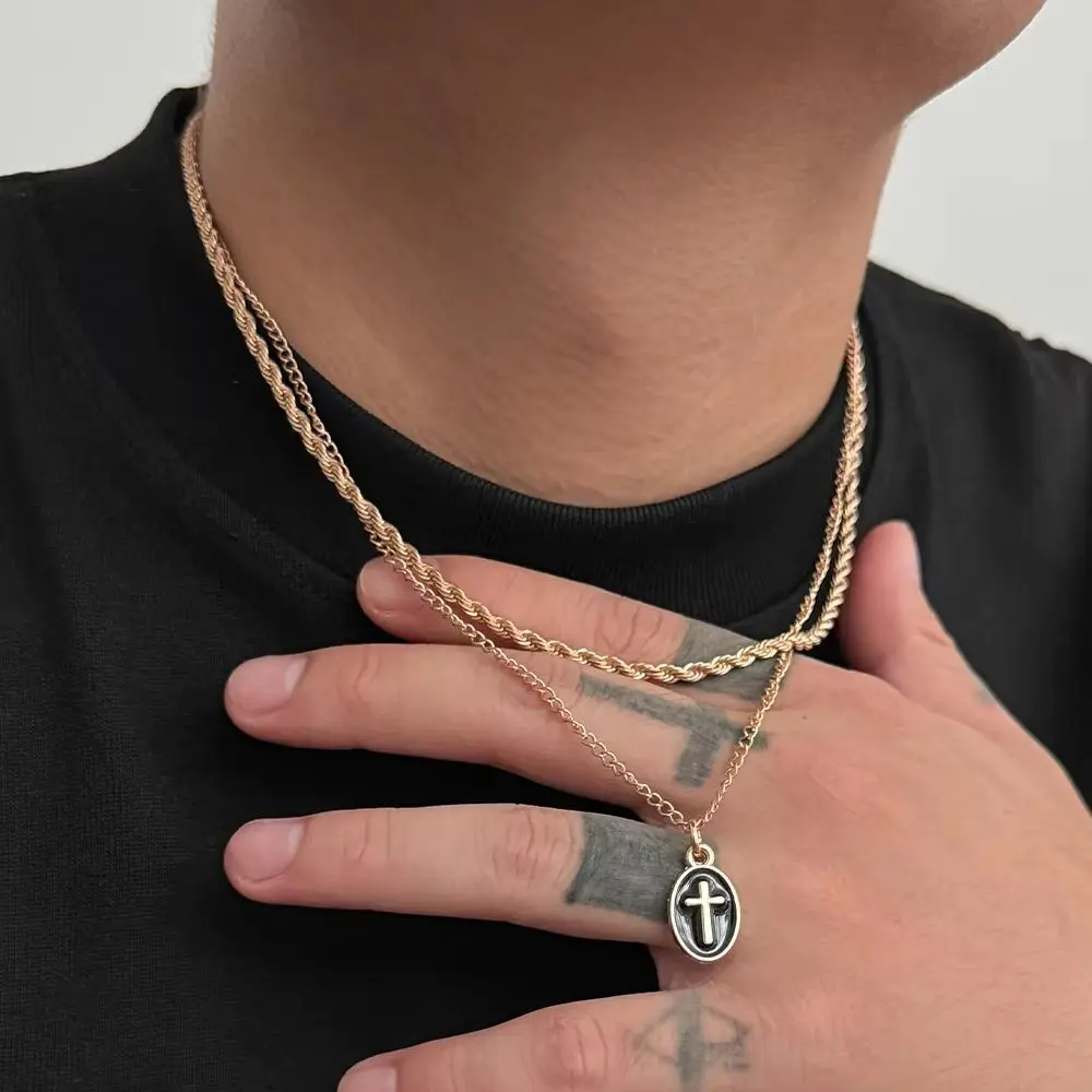 IngeSight.Z 2Pcs/set Punk Oil Dripping Cross Pendant Necklace Men Fashion Gold Color Metal Rope Box Chains Choker Street Jewelry