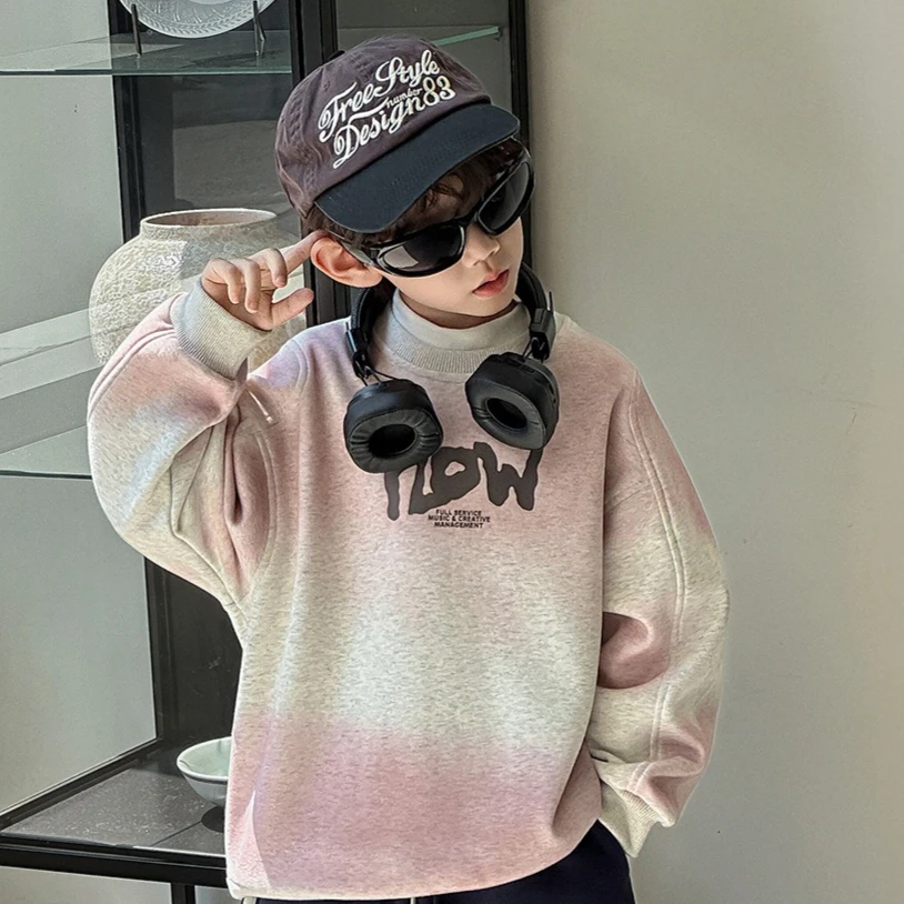 سويت شيرت مبطن بالصوف للأولاد والأطفال كوري فضفاض غير رسمي للخريف رائع عصري جديد دافئ ومريح