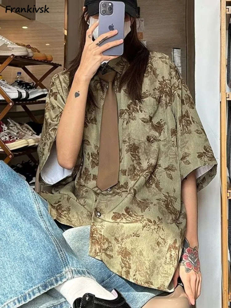 Loose Shirts Women Slouchy Japanese Retro Harajuku Unisex Streetwear Short Sleeve All-match Leisure Tops Fashion Summer Pocket