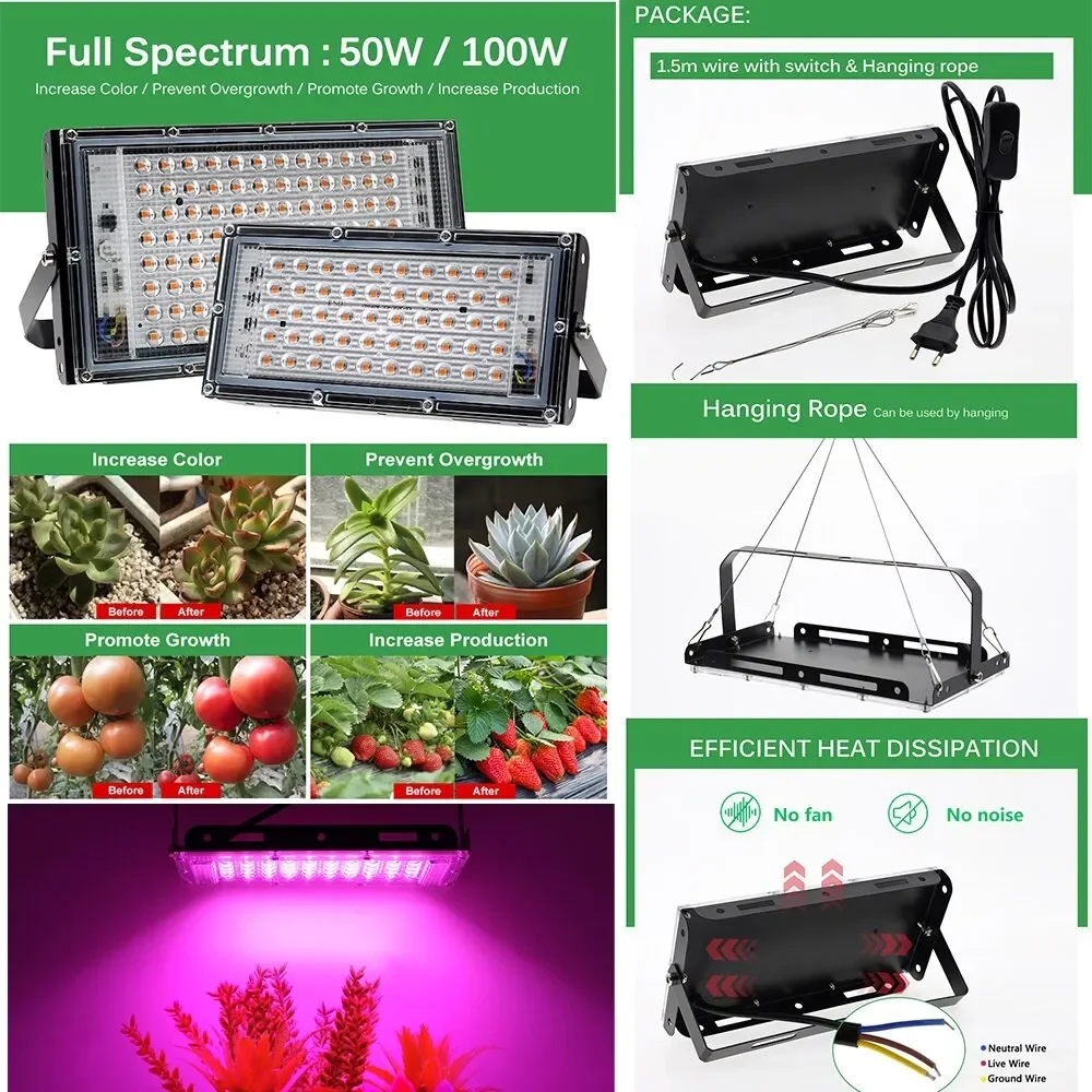 LED Grow Light Phyto Lamp AC 220V 50W LED Full Spectrum Floodlight Indoor Outdoor Greenhouse Plant Hydroponic Plant Spotlight