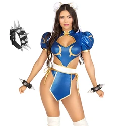 Game Street Chun Li Cosplay Costume Sexy Full Sets Tops Shorts Blue Uniform for Women Halloween Carnival Party Clothes Roleplay