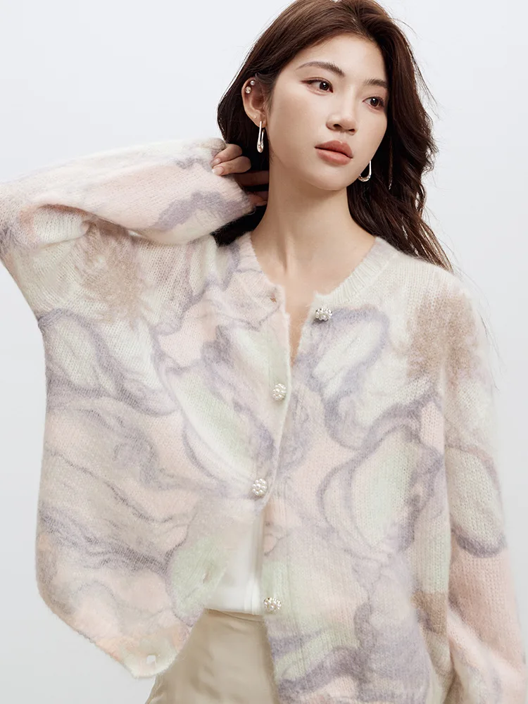 Birdtree 26,6 % Wolle 30,5 % Mohair-Cardigan, einreihiger Strickmantel aus Wollmischung mit Damenmuster, Farbstoff, volle Ärmel, Nagelperlen, Strickmantel T58904JF