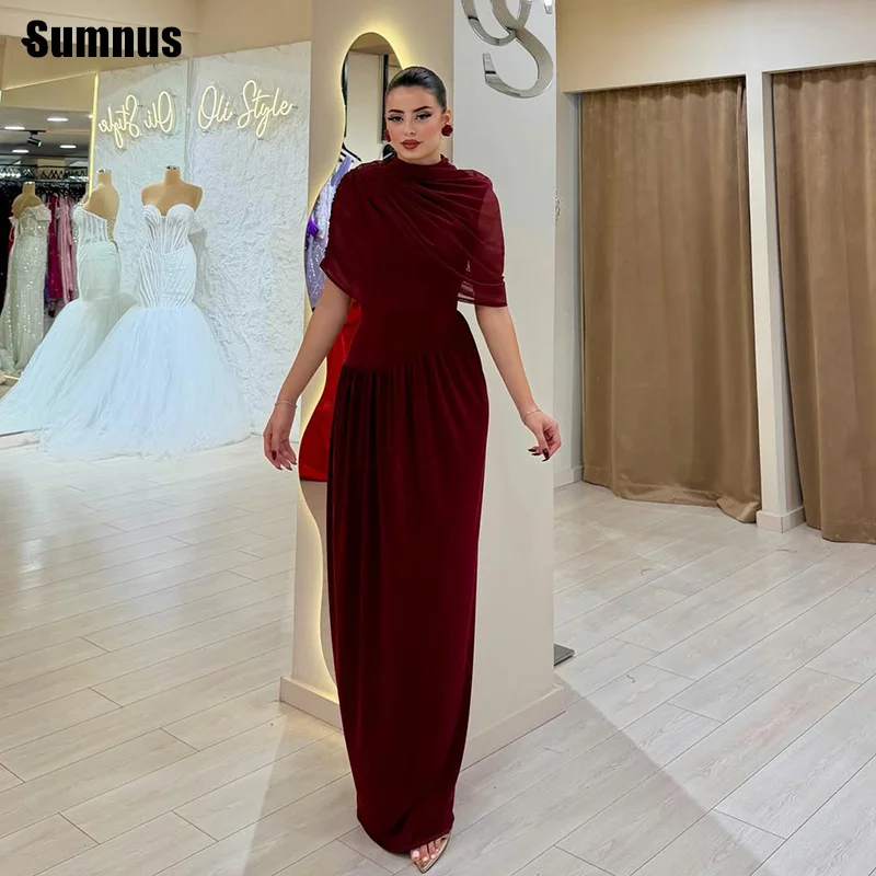 

Sumnus Simple Straight Burgundy Evening Dresses High Neck Draped Formal Evening Dresses فساتين سهرة Customized