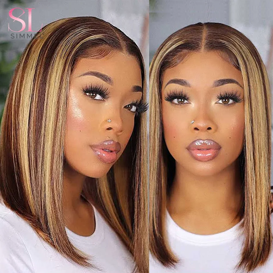 Destaque Straight Bob Wig para Mulheres, T Part Lace Front Perucas, Ombre, 4x4 Lace Wigs, Brazilian Remy Hair, Short Bob Perucas de Cabelo Humano