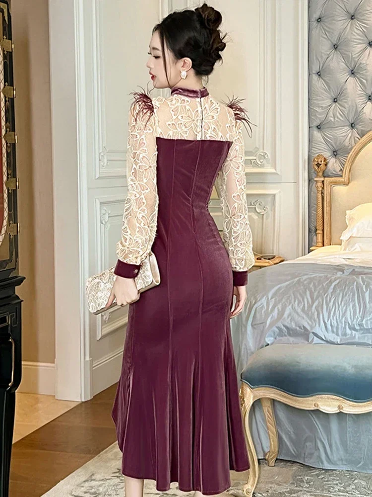 Elegant Prom Long Dress for Women Chic Sheer Lace Embroidery Spliced Hollow Fishtail Robe Elastic Evening Party Vestidos Autumn