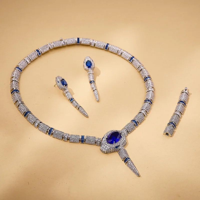 

Дизайнерское ожерелье, серьги, женские серьги с инкрустацией кубическим цирконом, синтетический овальный сапфир, изумрудная змея, змеиное колье, комплекты ювелирных изделий